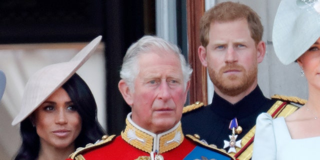 König Charles in roter Militäruniform vor Prinz Harry in Militäruniform und Meghan Markle in einem blassrosa Kleid und passendem Hut
