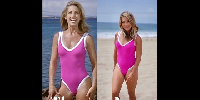 Ein Foto nebeneinander von Denise Austin in einem rosa Badeanzug