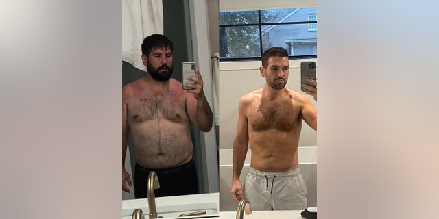 Shay Mooney zeigt seinen 50-Pfund-Gewichtsverlust auf einem Nebeneinanderfoto, das er auf Instagram gepostet hat und auf dem er auf beiden Bildern ohne Hemd zu sehen ist