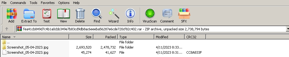 Screenshot mit Archivinhalten, einschließlich einer JPG-Datei.