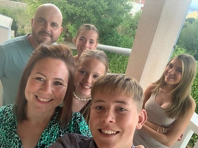 Emma Morgan (front left), 45, who was flying from Bournemouth to Croatia with her partner Scott Chapman (back left), 43, and their four children Ella (back right), 16, Freddie (front middle), 15, Maya (back middle) and Poppy (centre), both 12, had to pay £330 to check-in