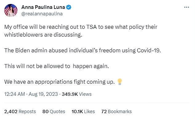 Die Kongressabgeordnete des 13. Bezirks Floridas, Anna Paulina Luna, sagte, sie prüfe Vorwürfe, dass die Reisebeschränkungen wegen Covid wieder zurückkehren könnten