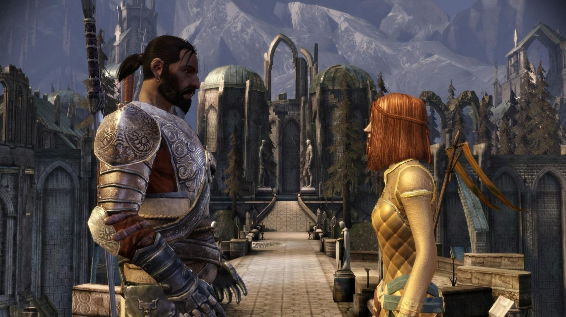 Zwei Charaktere aus Dragon Age: Origins reden miteinander.