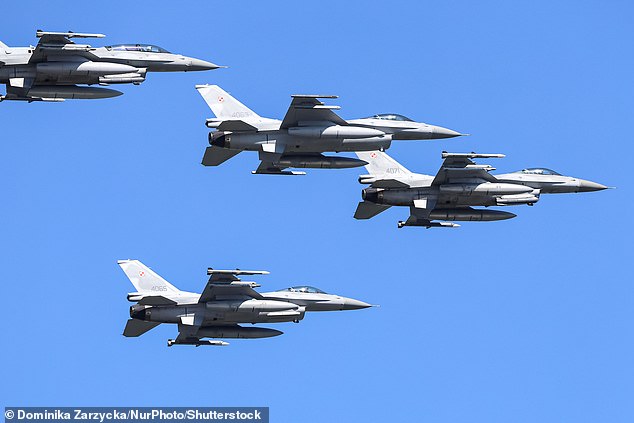 Poland is currently outspending almost every other EU country on defence as a percentage of its income. Pictured: Polish Air force presents F-16C aircrafts during military parade