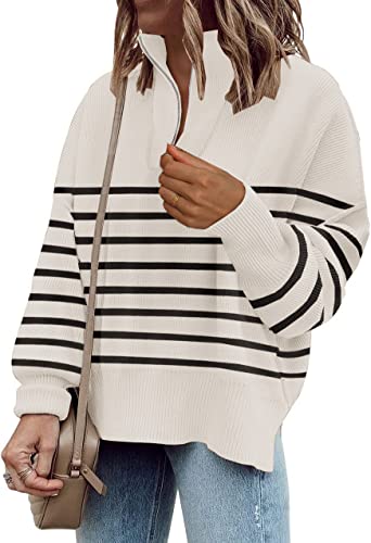 Übergroße Tunika-Pullover für Damen, 1/4-Reißverschluss am Ausschnitt, Strickoberteile, lässiger Sweatshirt-Pullover, Streifenpullover, seitlicher Schlitz