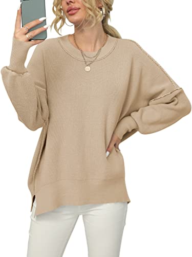 ANRABESS Damen-Pullover mit Rundhalsausschnitt 2023, lockerer Herbst-Pullover, langärmelig, lässig, grob gestrickt, warm, übergroße Pullover mit Schlitz, A305-huaxIng-M, Khaki