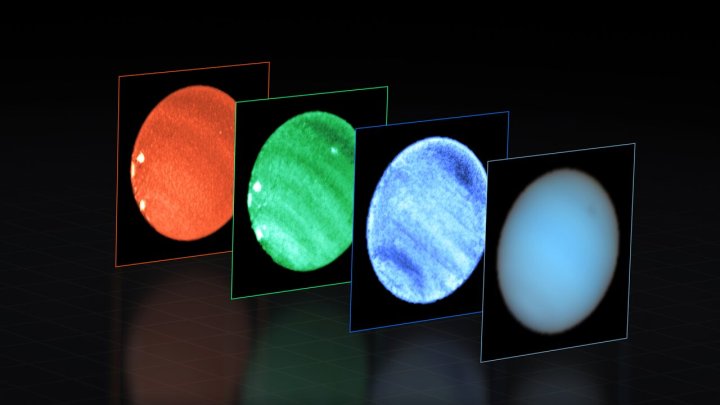 Dieses Bild zeigt Neptun, beobachtet mit dem MUSE-Instrument am Very Large Telescope (VLT) der ESO.  An jedem Pixel in Neptun spaltet MUSE das einfallende Licht in seine einzelnen Farben oder Wellenlängen.  Dies ähnelt der Aufnahme von Bildern bei Tausenden verschiedener Wellenlängen auf einmal, was den Astronomen eine Fülle wertvoller Informationen liefert.