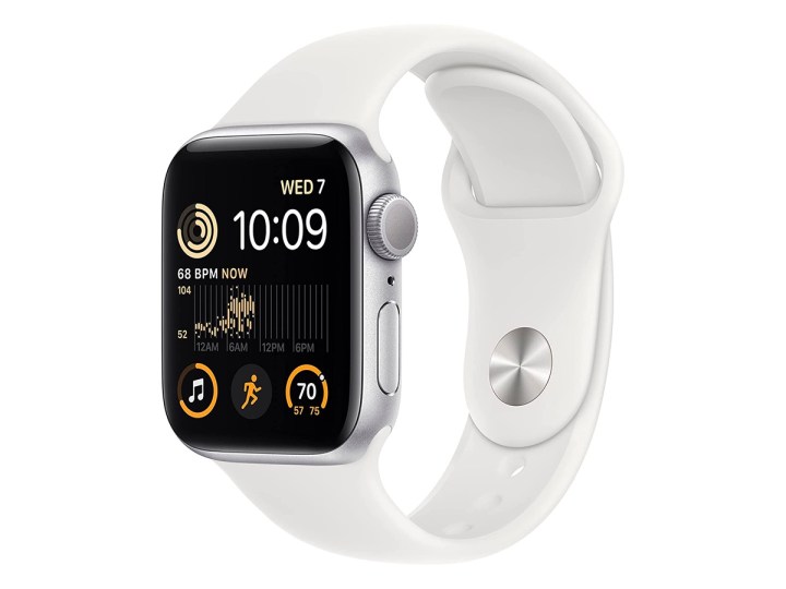 A white Apple Watch SE second generation against a white background.