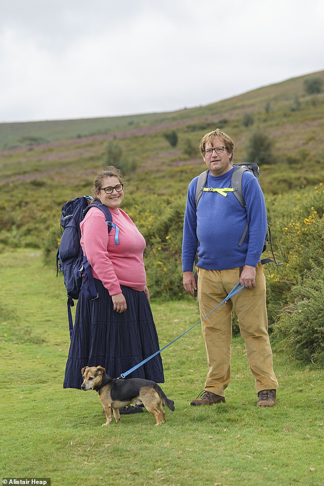 Tanya and her husband Andrew with Virgil Dog during their wild camping expedition in Dartmoor