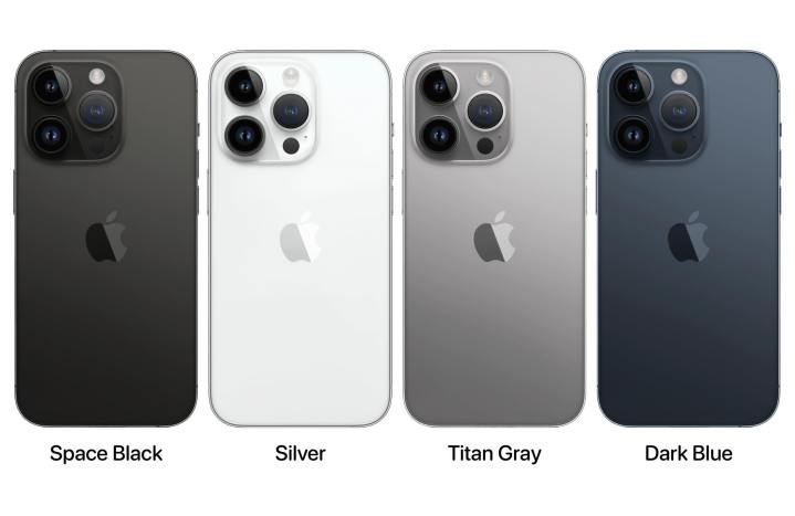 Darstellungen des iPhone 15 Pro in den Farben Space Black, Silver, Titan Grey und Dark Blue.
