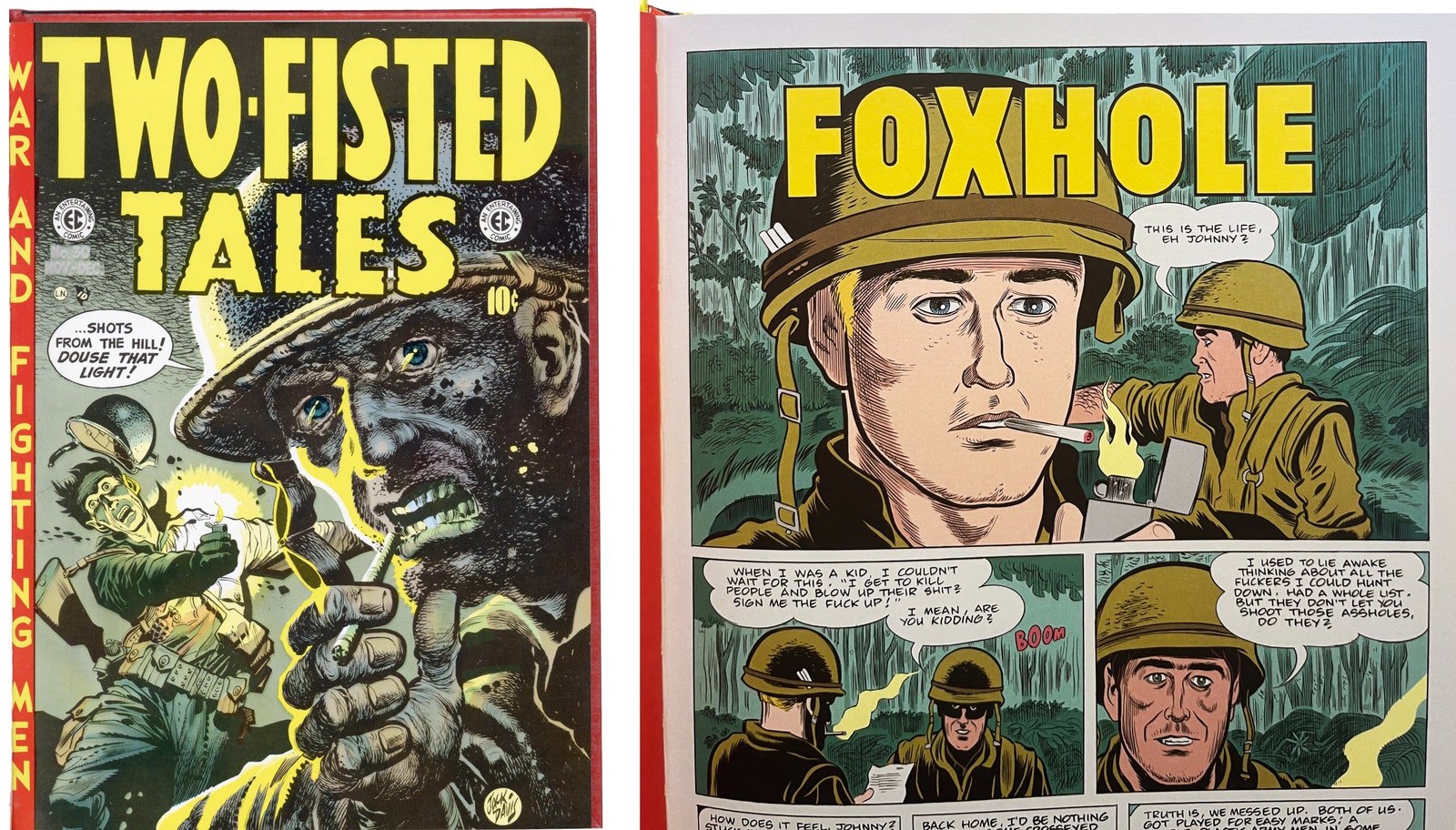 Links ein „TwoFisted Tales“-Cover von Jack Davis 1952. Rechts Panels aus „Foxhole“ in Clowess „Monica“ 2023.