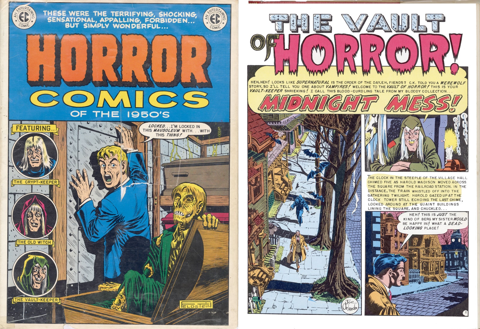 Zwei Coverbilder von Vintage-Horrorcovern, die ein Skelett The CryptKeeper und eine verlassene Stadt zeigen.