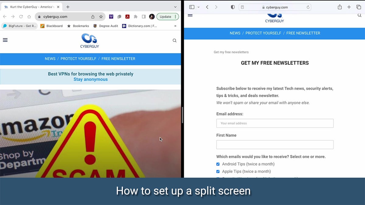 Screenshot einer geteilten Bildschirmansicht auf einem Mac-Computer.