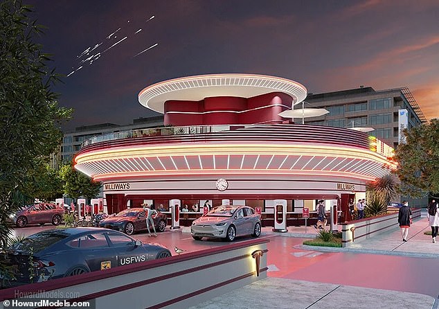 So könnte der Tesla-Veranstaltungsort aussehen: Die Darstellungen von Herrn Howard zeigen ein raumschiffähnliches Restaurant mit einer großen Dachterrasse, das auch die Essenz des Americana der 1950er Jahre einfängt
