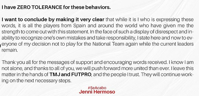 Jenni Hermoso veröffentlichte als Reaktion auf den Vorfall eine ausführliche Erklärung in den sozialen Medien