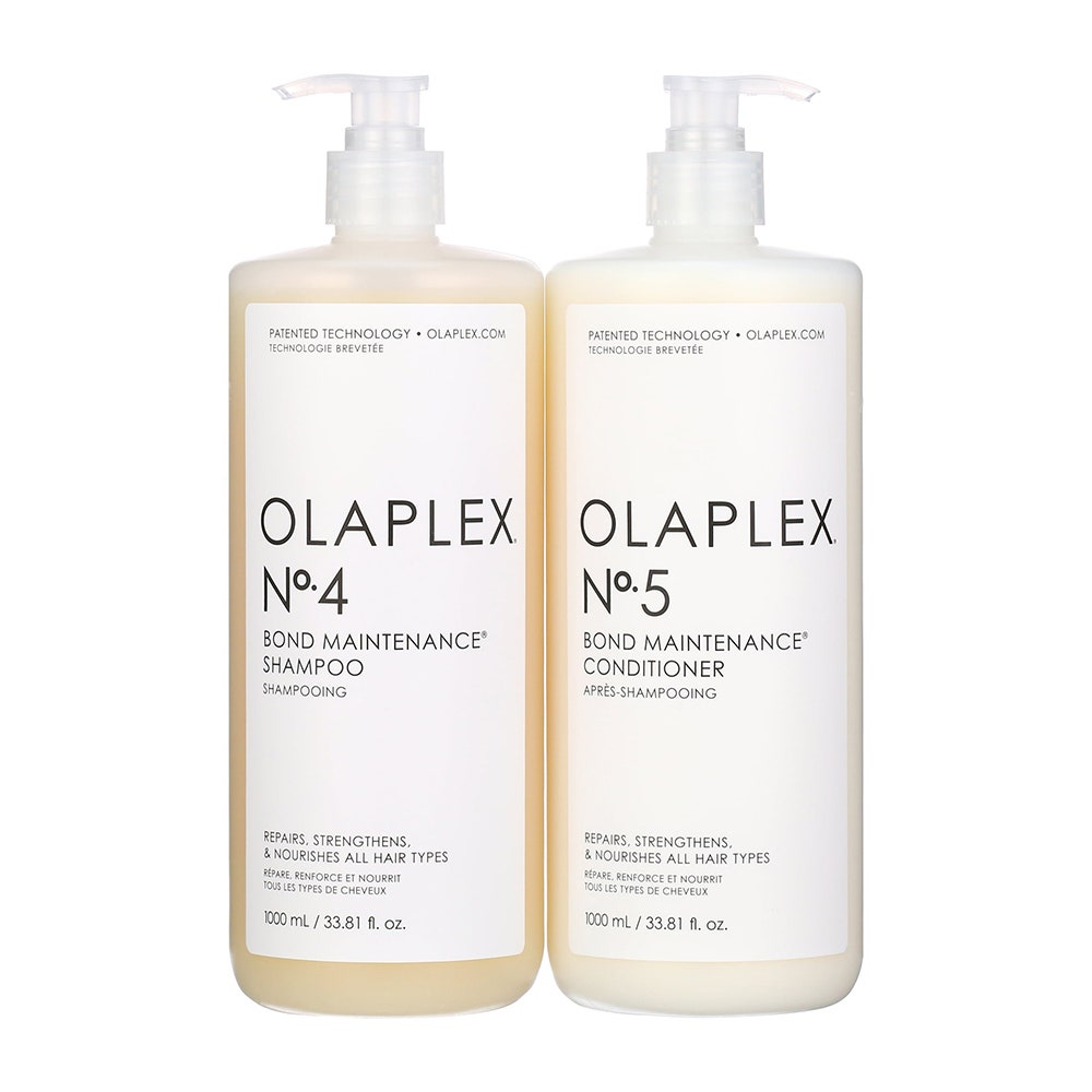 Olaplex Bond Maintenance Nr. 4 Shampoo und Nr. 5 Conditioner Jumbo auf weißem Hintergrund