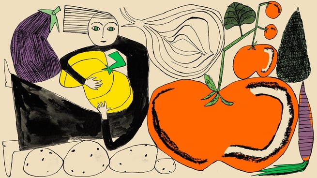 Eine Illustration einer Frau, die Obst hält