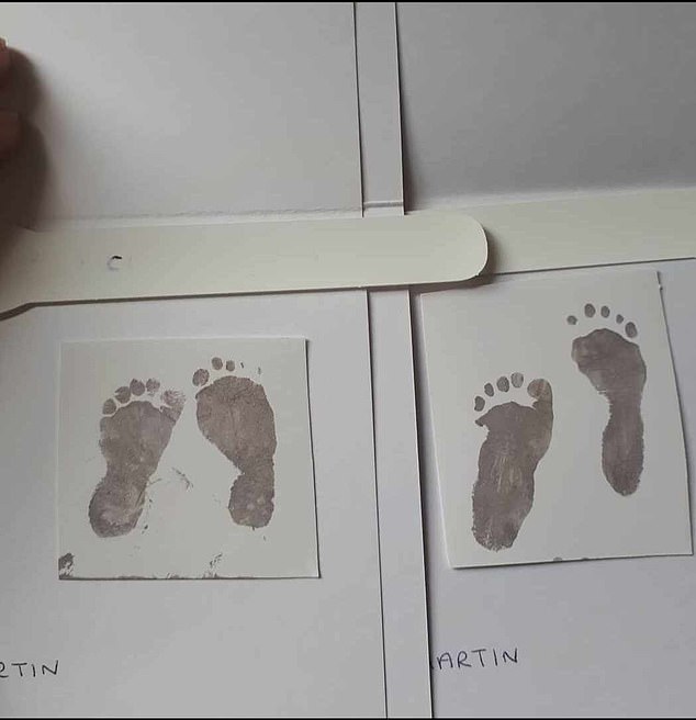 Sophie and James tragically lost their twin babies, Cecil and Wilfred, 90 minutes after they were born. The picture on the left shows Cecil's footprints and the one on the right shows Wilfred's