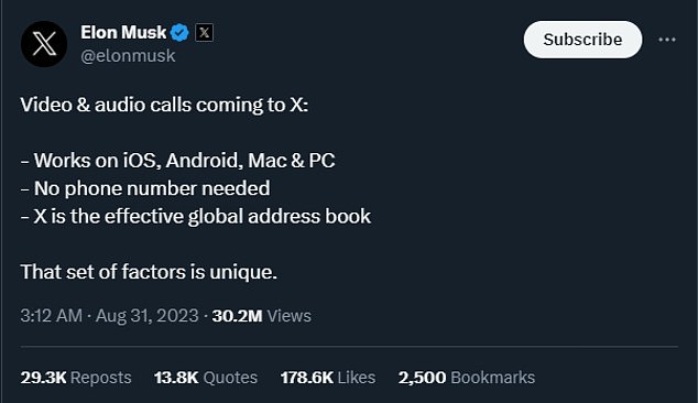 Nach der Aktualisierung der Datenschutzrichtlinie kündigte Musk an, dass X-Benutzer über die Plattform Video- und Audioanrufe tätigen können, ohne ihre Telefonnummer preisgeben zu müssen