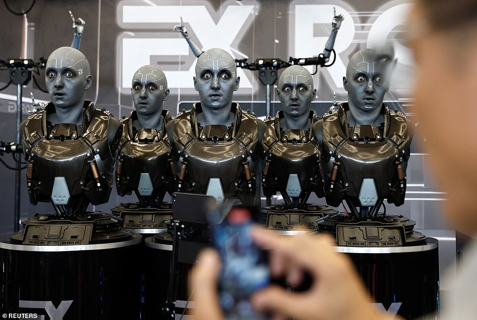 Like a scene from a dystopian future, humanoid robots developed by EXRobots appear at the Beijing World Robot Conference