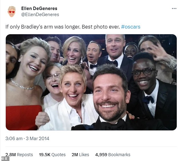 Das berühmte Oscar-Selfie, das Ellen DeGeneres im März 2014 gepostet hatte, verschwand aus dem Tweet, obwohl es inzwischen wieder aufgetaucht ist