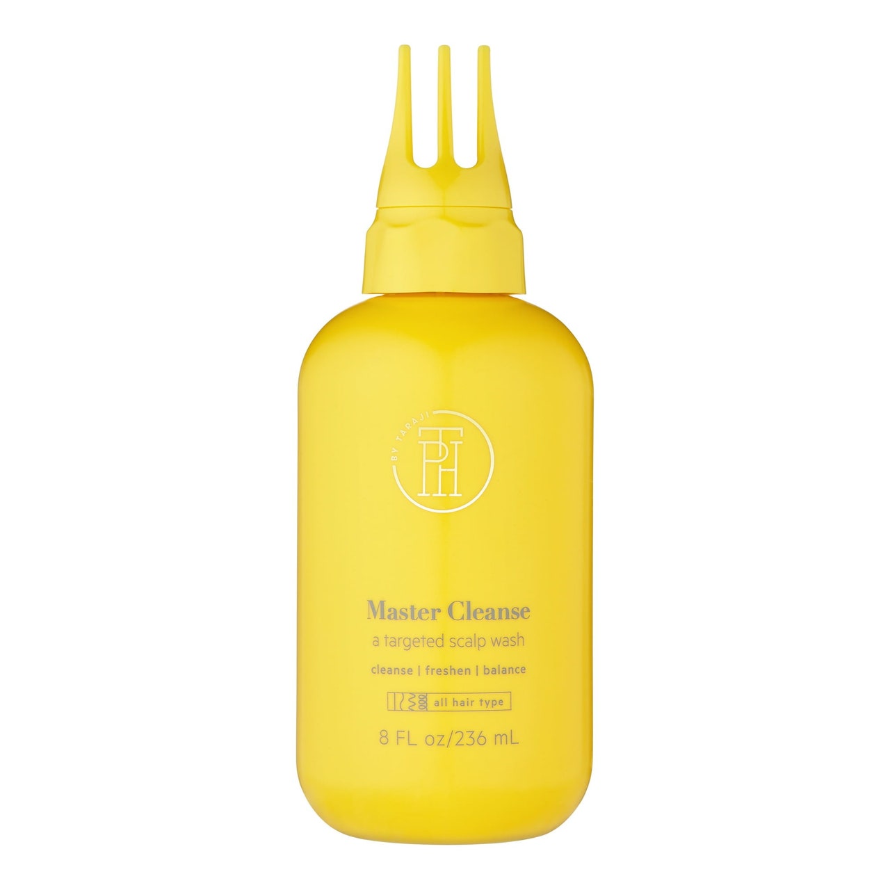 Eine gelbe Flasche Tph By Taraji Master Cleanse Scalp Treatment Wash auf weißem Hintergrund