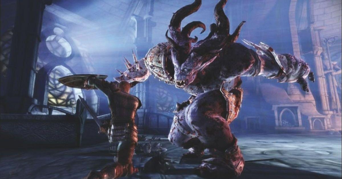 Ein Spieler von Dragon Age: Origins, der gegen ein großes Monster kämpft.