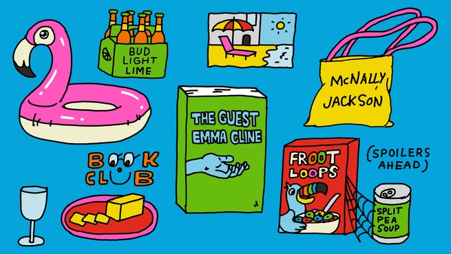 Illustration von Objekten wie Bier, Butter, Müsli usw "Der Gast" von Emma Cline