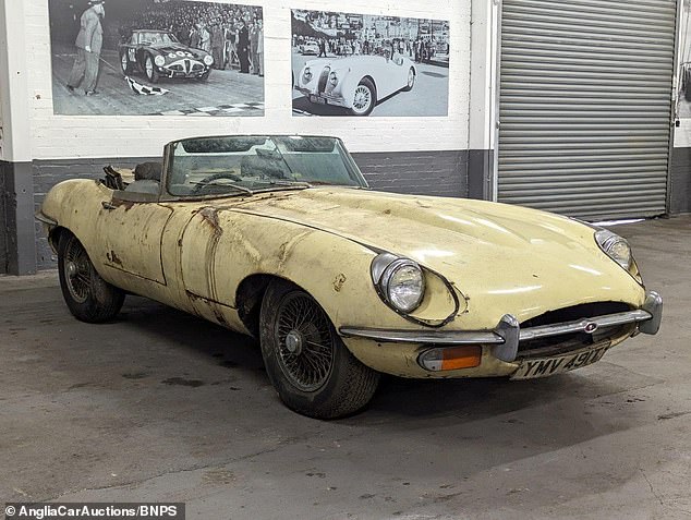 A yellow rust-covered 1969 Jaguar E-Type 4.2 SII Roadster is amongst the 'classic' cars that are tipped to sell for over £200,000