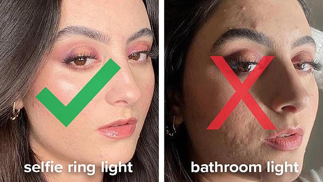 Direktes Licht kann harte Schatten erzeugen, die Ihre Haut schlecht aussehen lassen.  Stehen Sie niemals direkt unter einer Lichtquelle (rechts).  Wenden Sie sich stattdessen einer Lichtquelle zu, damit diese Ihre Gesichtszüge beleuchtet und die Aufmerksamkeit auf Ihre Augen lenkt (links)