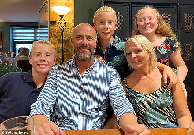 The Irvine family of five from Bangor, County Down, had to pay £275 for two adults and two children to check-in on a Ryanair flight from Belfast to Malaga on July 26. Pictured: Simon Irvine, 43, his wife Bettina, 46, and their three children Neve, 14, Connor, 12, and Matthew, 12