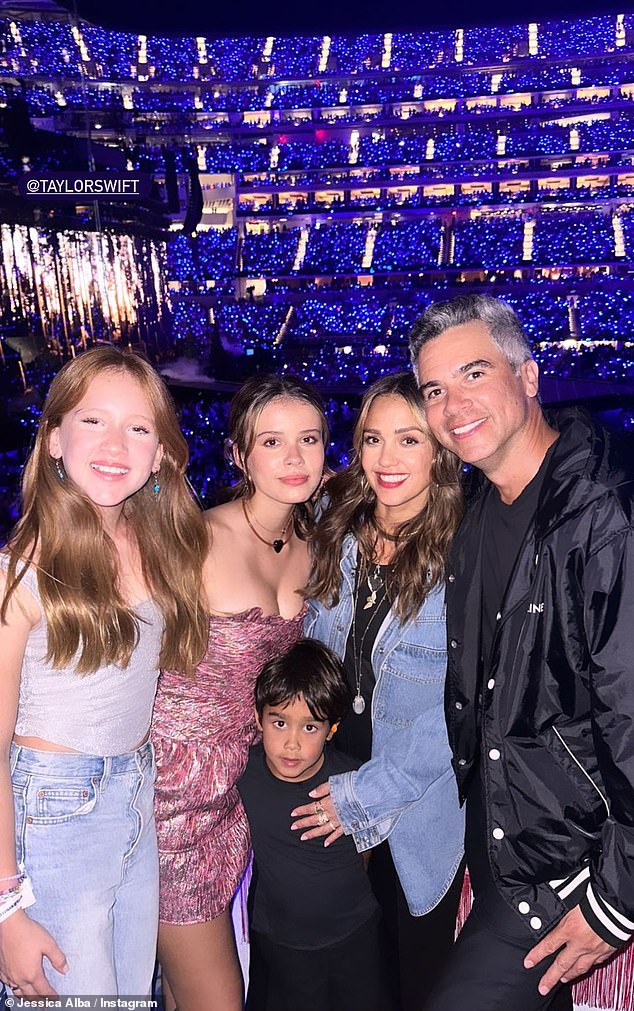 Family affair: Jessica Alba looked the epitome of chic as she attended Taylor Swift's Eras tour with her family at Los Angeles' SoFi Stadium on Friday