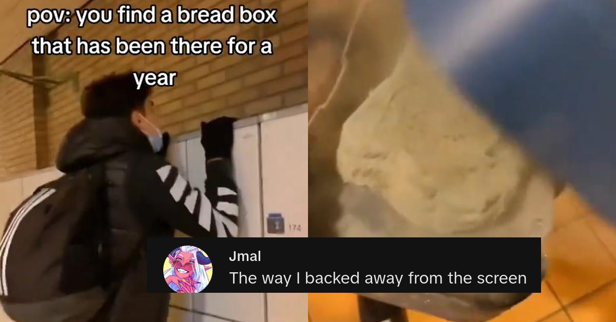 Mann öffnet Brotkasten, der ein Jahr lang auf dem Spind versteckt war