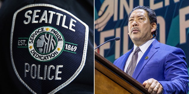 Logo des Seattle Police Department und Seattles Bürgermeister Bruce Harrell auf dem Podium im königsblauen Anzug