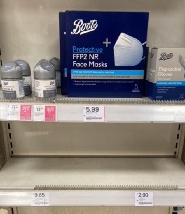 Some pharmacies in London are reported to have completely run out of lateral flow tests as demand surged and are unsure when stocks will be replenished. One shopper who was looking for tests in Boots, Marylebone, was met with empty shelves. They told MailOnline: 'I was told there are none left in stock and the staff said they had no idea when they were getting any more in because there are supply issues'