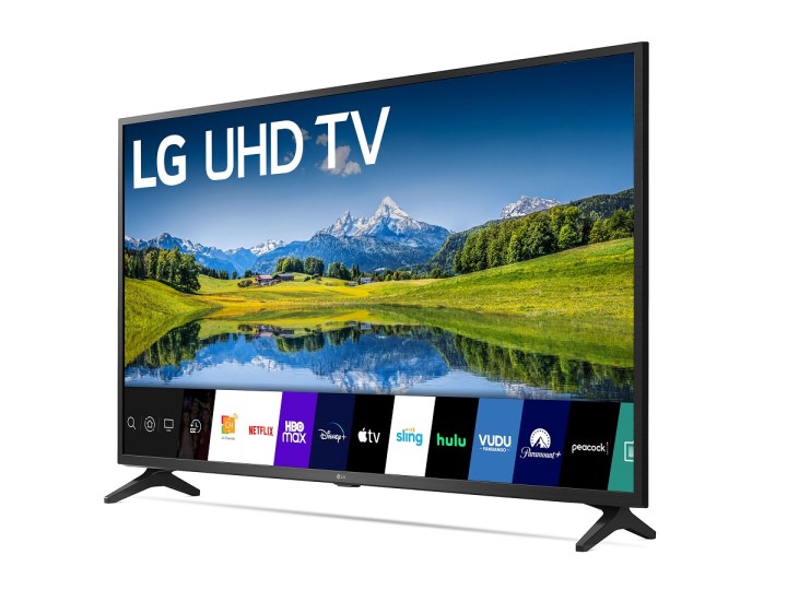 Der 55-Zoll-4K-Fernseher der Serie UN6955 von LG mit einer Naturszene und App-Symbolen auf dem Display.