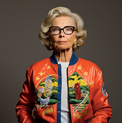 For Midjourney's depiction of a older Californian woman, it's unclear if the AI crafted this red leather bomber jacket in response to the aesthetic of local Chicano or Asian American populations or by taking inspiration from Ryan Gosling's jacket in the 2011 film Drive