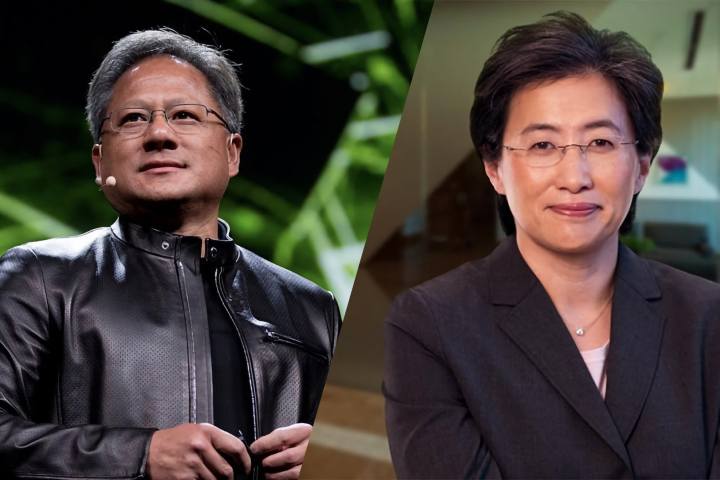 Die CEOs von Nvidia und AMD werden nebeneinander in einer geteilten Bildschirmansicht angezeigt.