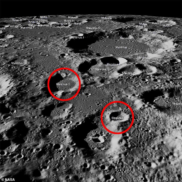 Chandrayaan-3 landete zwischen den südlichen Kratern von Manzinus C und Simpelius N. Beachten Sie, dass das Gebiet im Vergleich zu anderen nahegelegenen Gebieten des Südpols flach ist