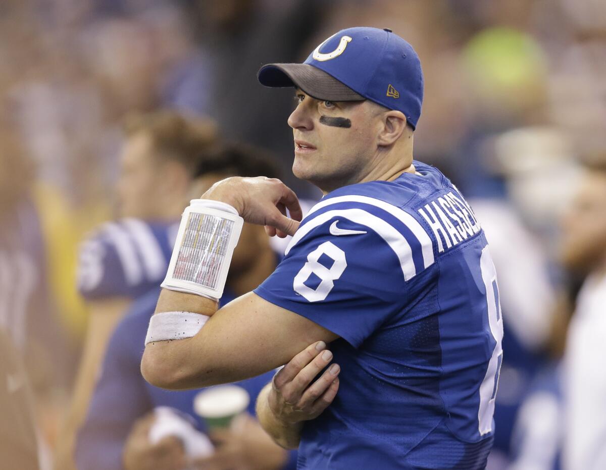 Der Quarterback der Indianapolis Colts, Matt Hasselbeck (8), schaut 2015 von der Seitenlinie aus zu.