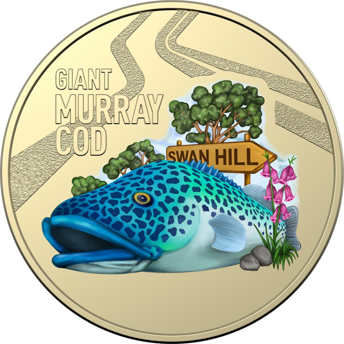 Eines in jedem 10-Münzen-Set enthält eine farbige Giant Murray Cod-Münze.