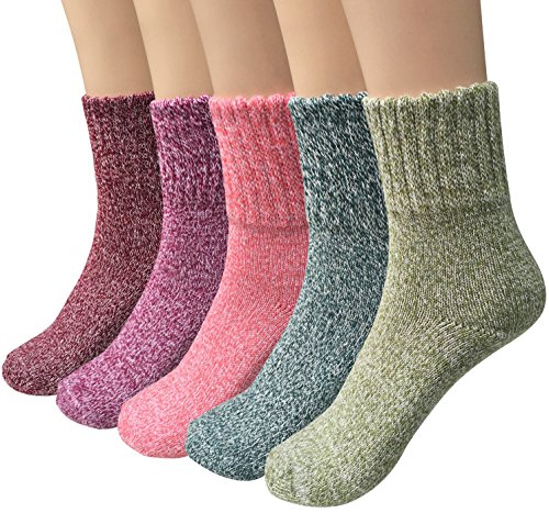 Loritta 5 Paar Damen-Socken im Vintage-Stil, für den Winter, warm, dick, gestrickt, Wolle, gemütliche Crew-Socken, Einheitsgröße, mehrfarbig