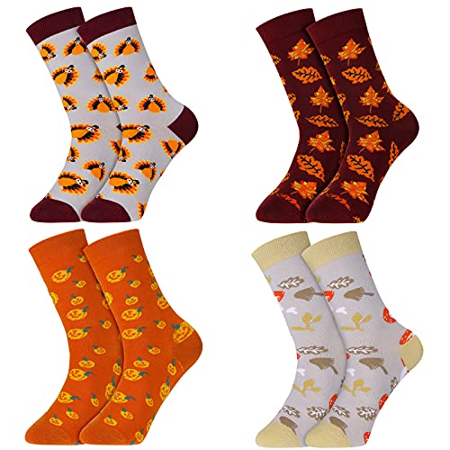 Geyoga 4 Paar Thanksgiving-Socken, Herbstsocken, Türkei-Socken, Ahornblatt-Socken, Kürbis-Pilz-Socken, neuartige Crew-Socken für Damen und Herren