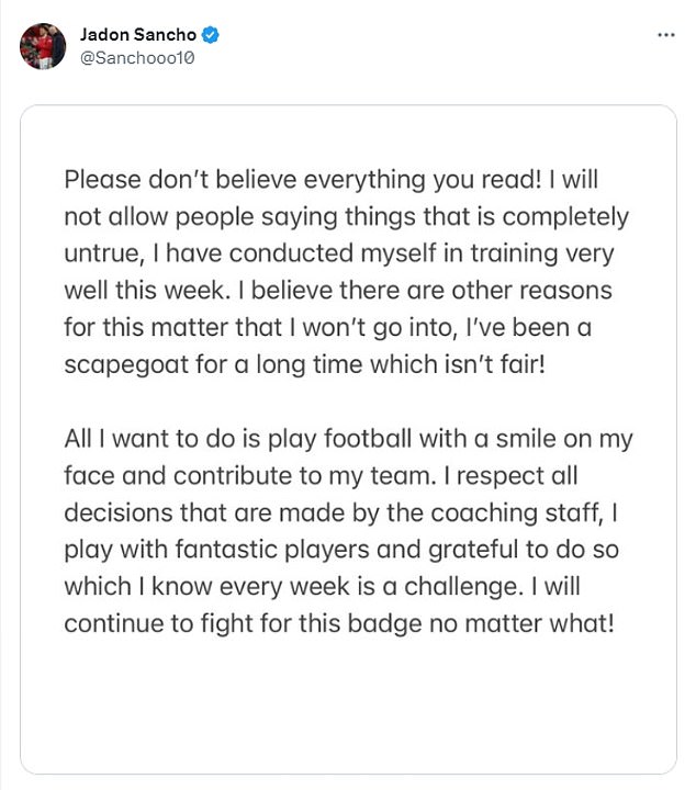 Sancho reagierte am Sonntag mit einem Post in seinen sozialen Medien auf ten Hags Kommentare nach dem Spiel