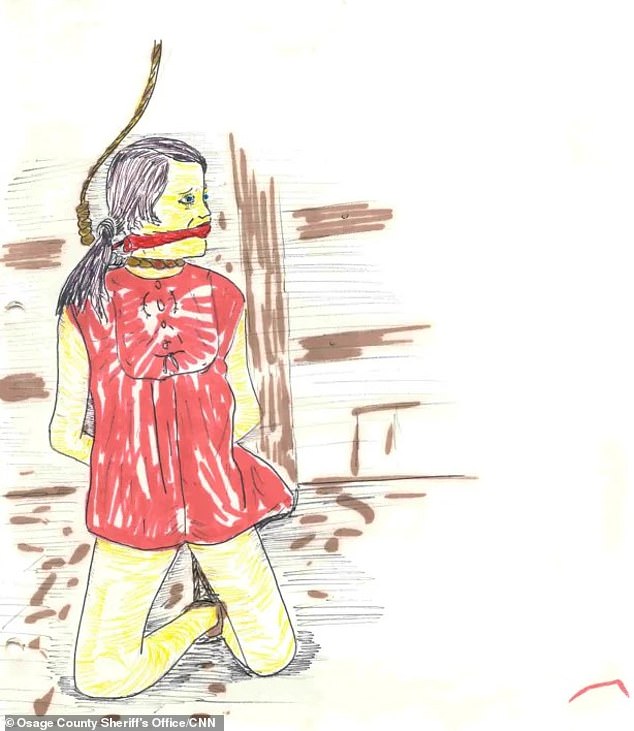 Eine zweite Zeichnung zeigt ein junges dunkelhaariges Mädchen in einem roten Top, das auf den Knien sitzt und mit einem Seil um den Hals gefesselt und geknebelt ist.  Das Bild zeigt braune horizontale Linien im Hintergrund