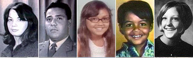 Die zehn Opfer von BTK: (LR) 15. Januar 1974: Nr. 1 Julie Otero (33 Jahre) mit einem Seil erdrosselt;  #2 Joseph Otero (38) Mit einer Plastiktüte erstickt;  #3 Josephine Otero (11 Jahre) Mit einem Seil aufgehängt;  #4 Joseph Otero, Jr. (9 Jahre) Mit einer Plastiktüte erstickt;  4. April 1974: #5 Kathryn Bright (21 Jahre) wurde dreimal mit einem Messer in den Bauch gestochen