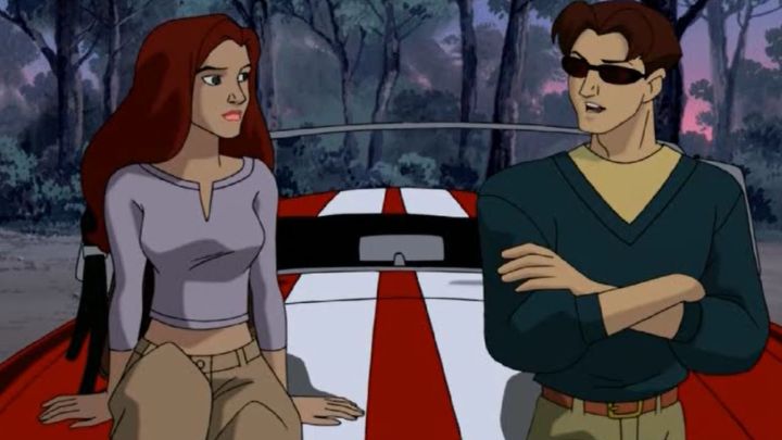 Jean Gray und Scott Summer lehnen sich an einen roten Sportwagen und unterhalten sich in X-Men: Evolution.