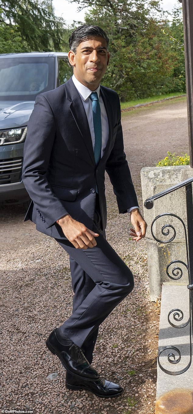 The Prime Minister, Rishi Sunak, grinned as he attended the service Crathie Kirk with members of the Royal Family today