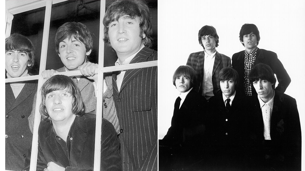 Geteilter Bildschirm der Beatles und der Rolling Stones