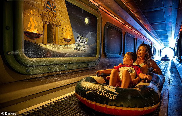 Guests can take a spin on the ship's AquaMouse ride, which ¿follows Mickey Mouse and Minnie Mouse on a zany misadventure into an ancient temple¿